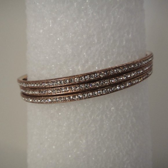Pave Rhinestone Set 3 Thin Bangle Bracelets Copper - Picture 6 of 8